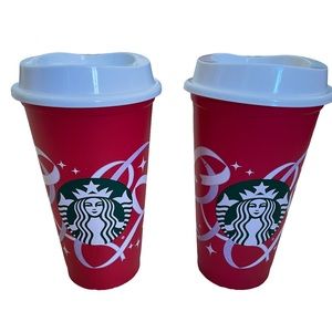 2 STARBUCKS Limited Edition 2021 Christmas Ribbon Reusable Holiday Cups w/Lids